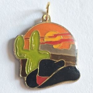 Vintage Western pendant charm cowboy hat cactus sunset